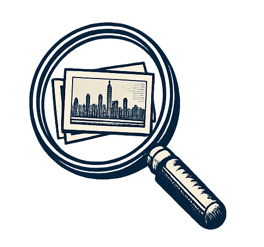 Magnifying glass icon representing vintage postcard, paper, and advertising finds