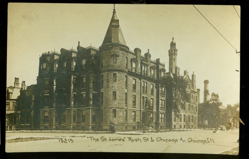 Vintage postcard of The St. James building at Rush Street and Chicago Avenue, Chicago