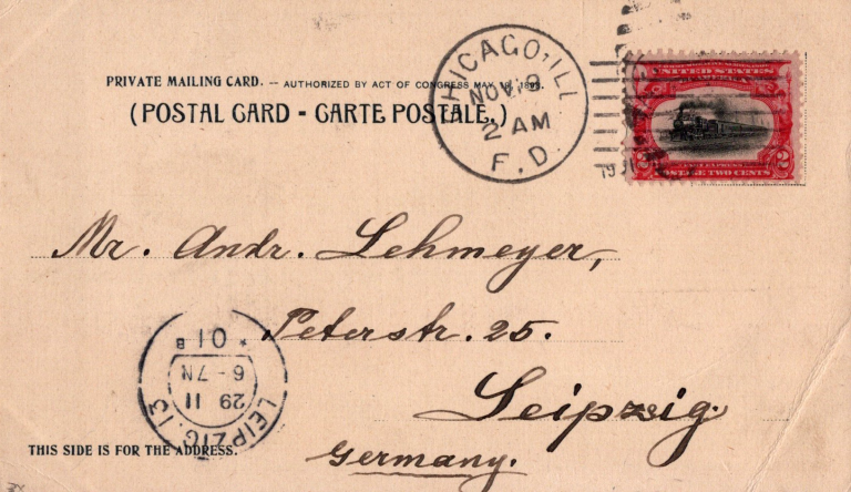 Back of a vintage postcard mailed from Chicago in 1898 to Andr. Lehmeyer, Leipzig, Germany