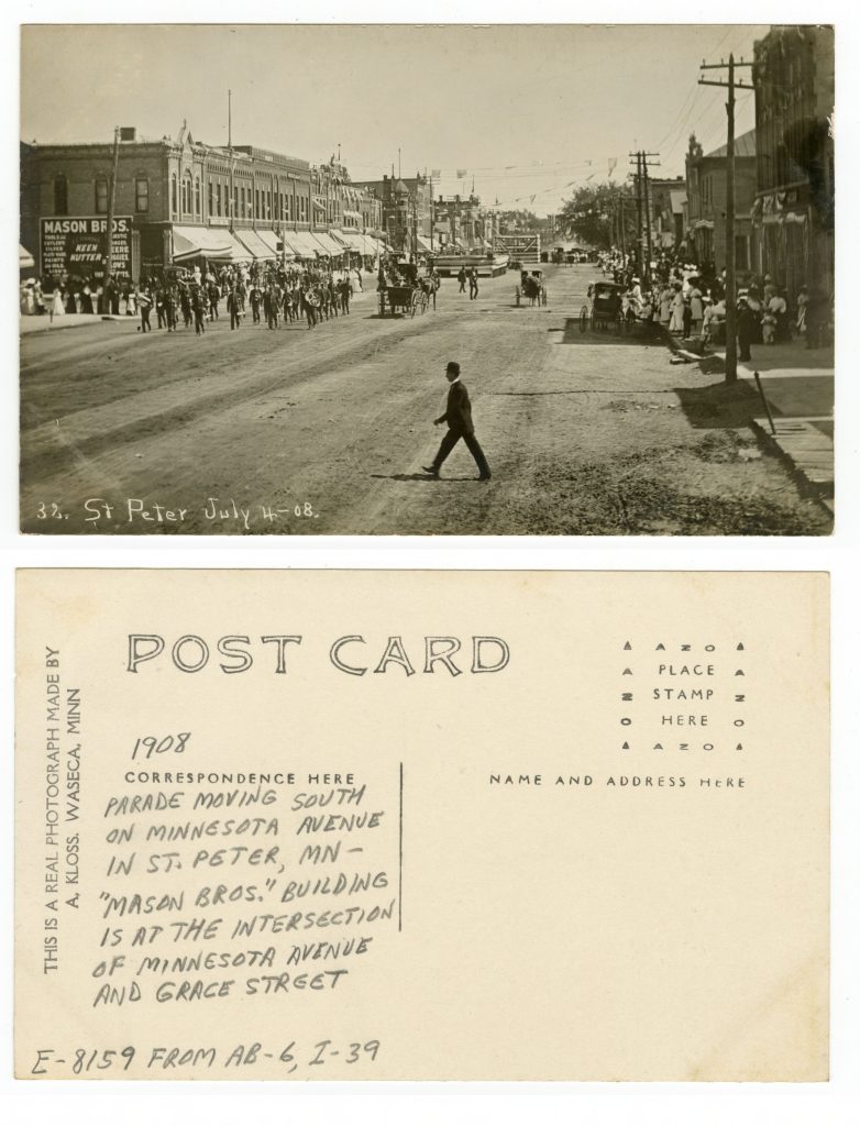 1908 postcard showing a Fourth of July parade on Minnesota Avenue in St. Peter, Minnesota, with the Mason Bros. storefront visible