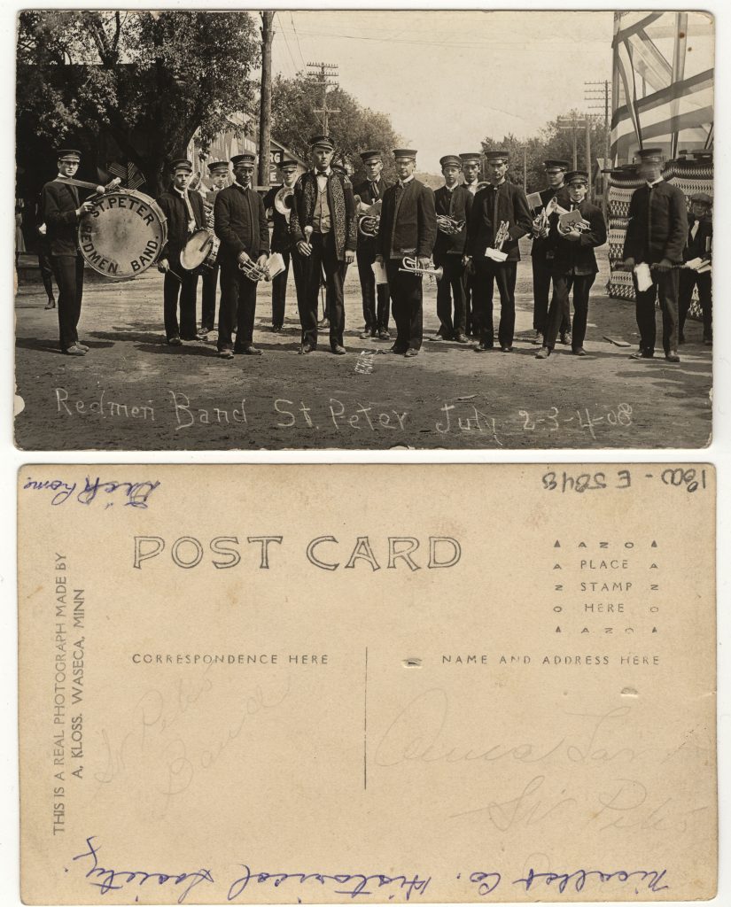 1908 postcard showing members of the St. Peter Redmen Band, Minnesota